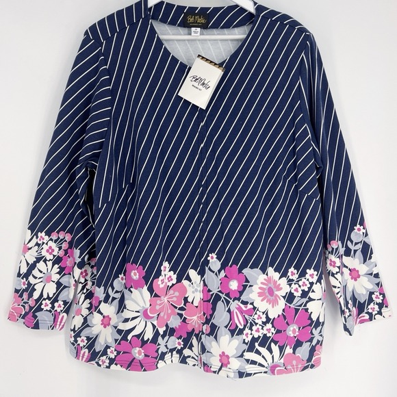 Bob Mackie Tops - NWT BOB MACKIE 2X Wearable Art Navy Blue Stripe Floral Print Front Zip Jacket